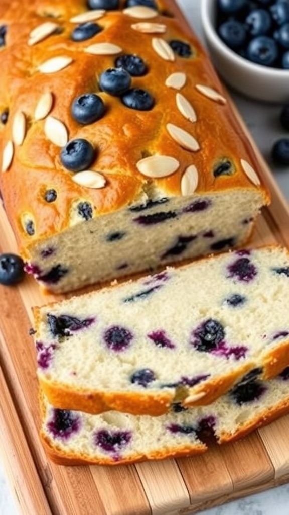 A loaf of almond blueberry yogurt bread with blueberries and almonds on a wooden cutting board.